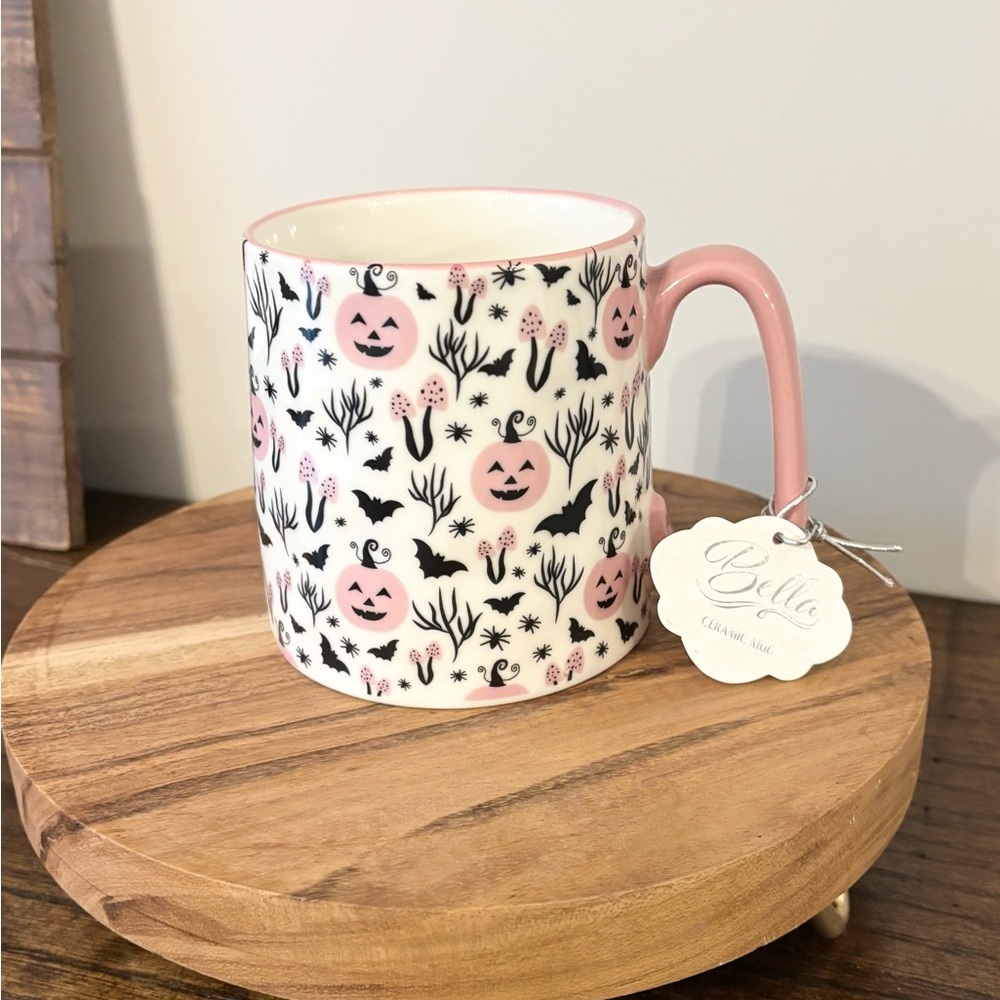 Halloween Pumpkin Bella Floral Ceramic Coffee Mug with Pink Handle